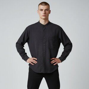 JW Fashions Navy blue band collar shirt button-up size M